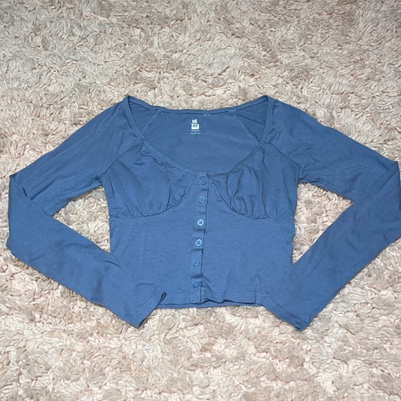 Women’s Me To We Blue Long Sleeve Buster Button Down Crop Top S - Picture 5 of 9
